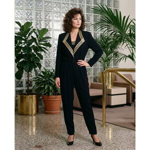 Vtg 80's Black Jumpsuit w/ gold stripes Sailor military long classic sz 12 USA